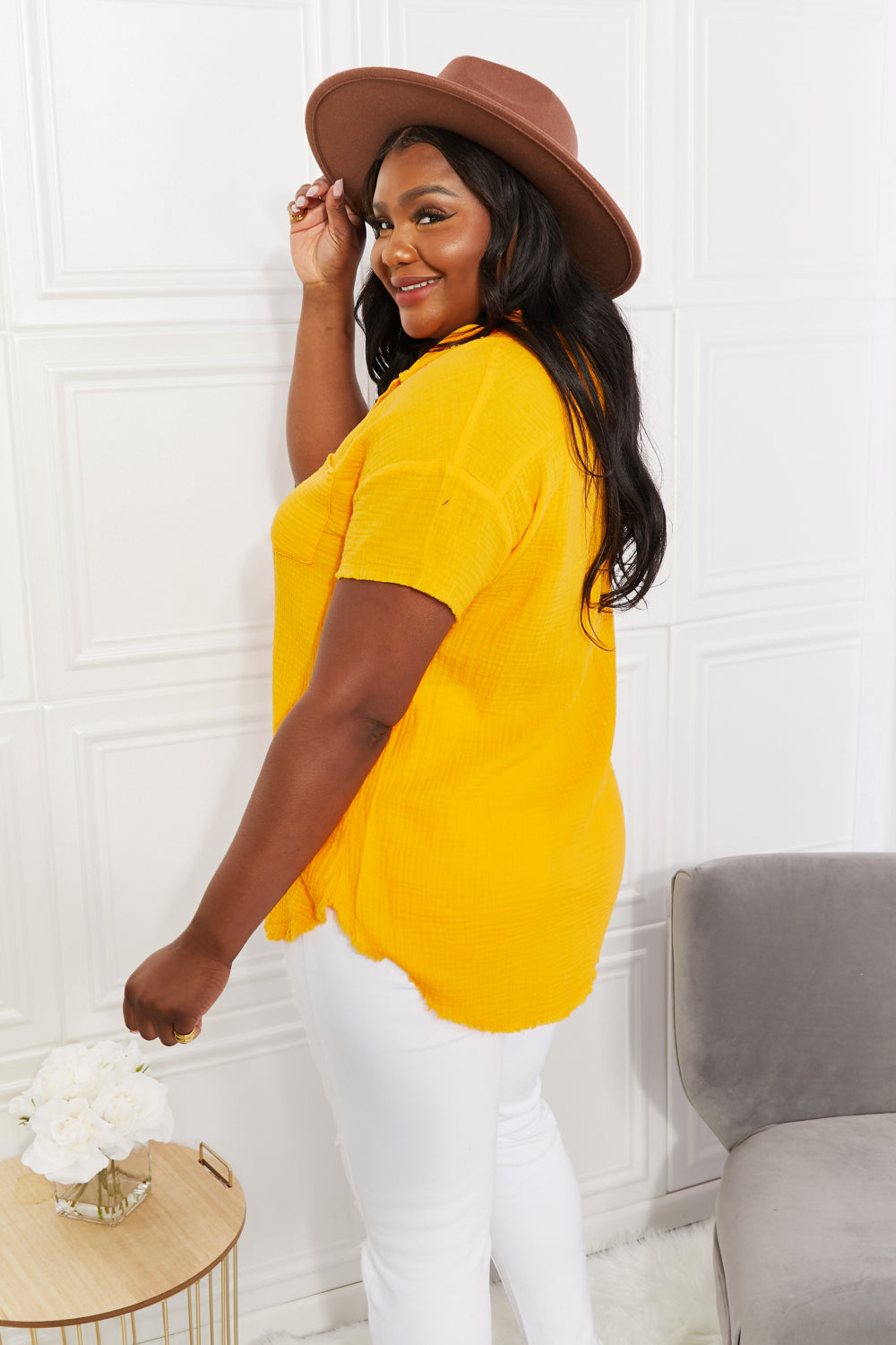 Zenana Full Size Summer Breeze Gauze Short Sleeve Shirt in Mustard Top Trendsi   