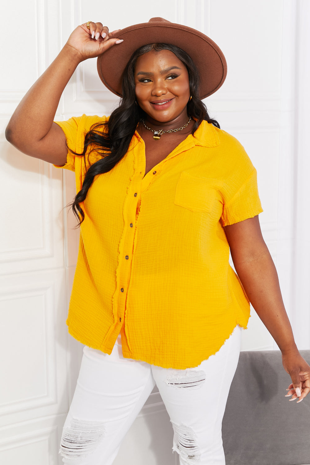 Zenana Full Size Summer Breeze Gauze Short Sleeve Shirt in Mustard Top Trendsi Mustard S 