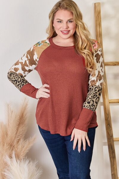 Hailey & Co Full Size Leopard Waffle-Knit Blouse - NeoKira Unlimited