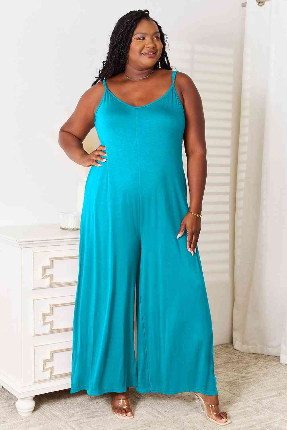 Double Take Full Size Soft Rayon Spaghetti Strap Tied Wide Leg Jumpsuit - NeoKira Unlimited