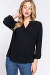 ACTIVE BASIC Full Size Notched Long Sleeve Woven Top Top Trendsi Black S 