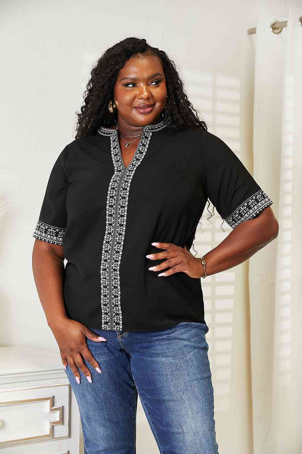 Double Take Embroidered Notched Neck Top - NeoKira Unlimited