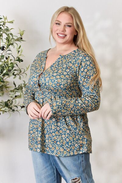 Heimish Full Size Floral Half Button Long Sleeve Blouse - NeoKira Unlimited