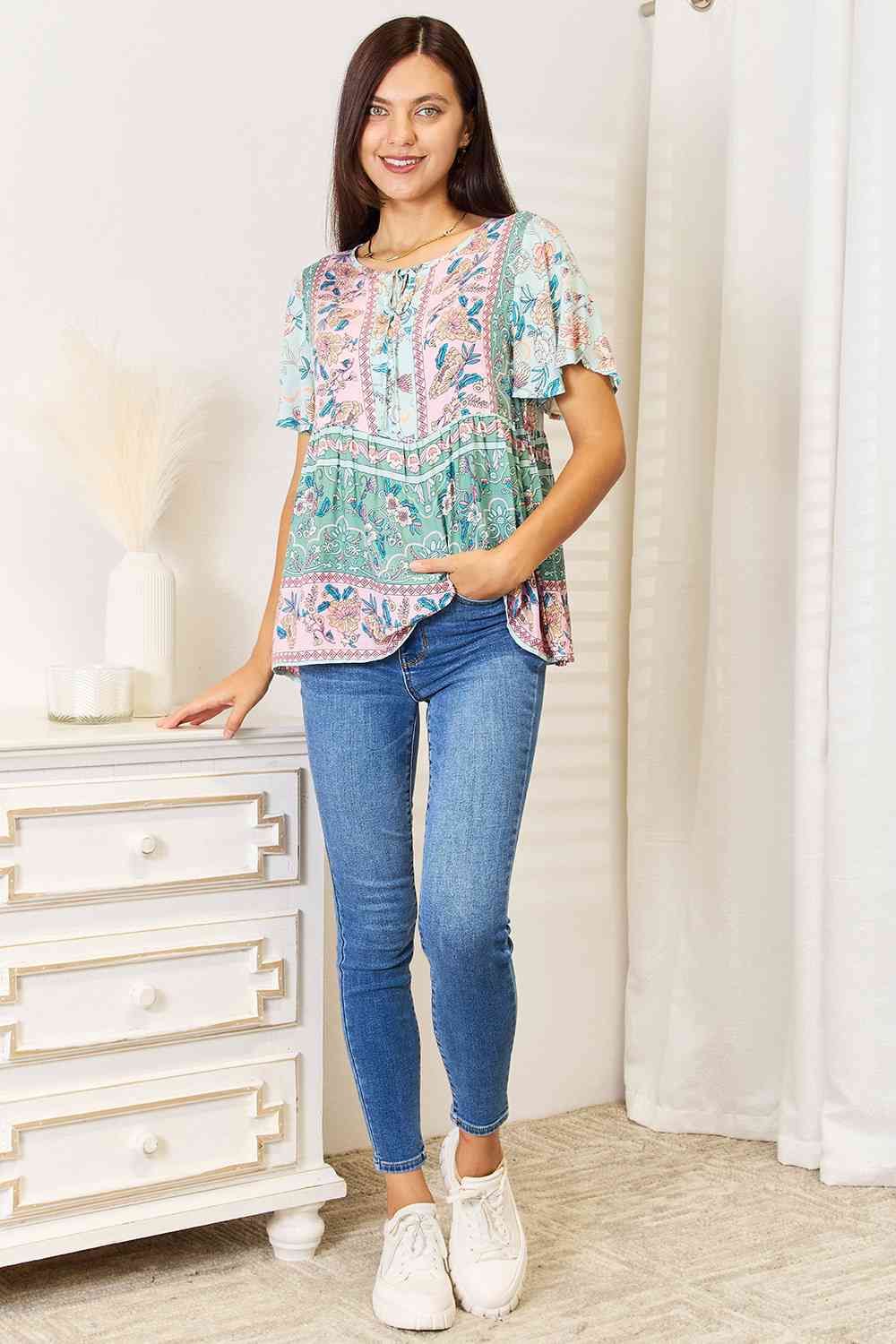 Double Take Floral Tie Neck Short Sleeve Blouse Top Trendsi   