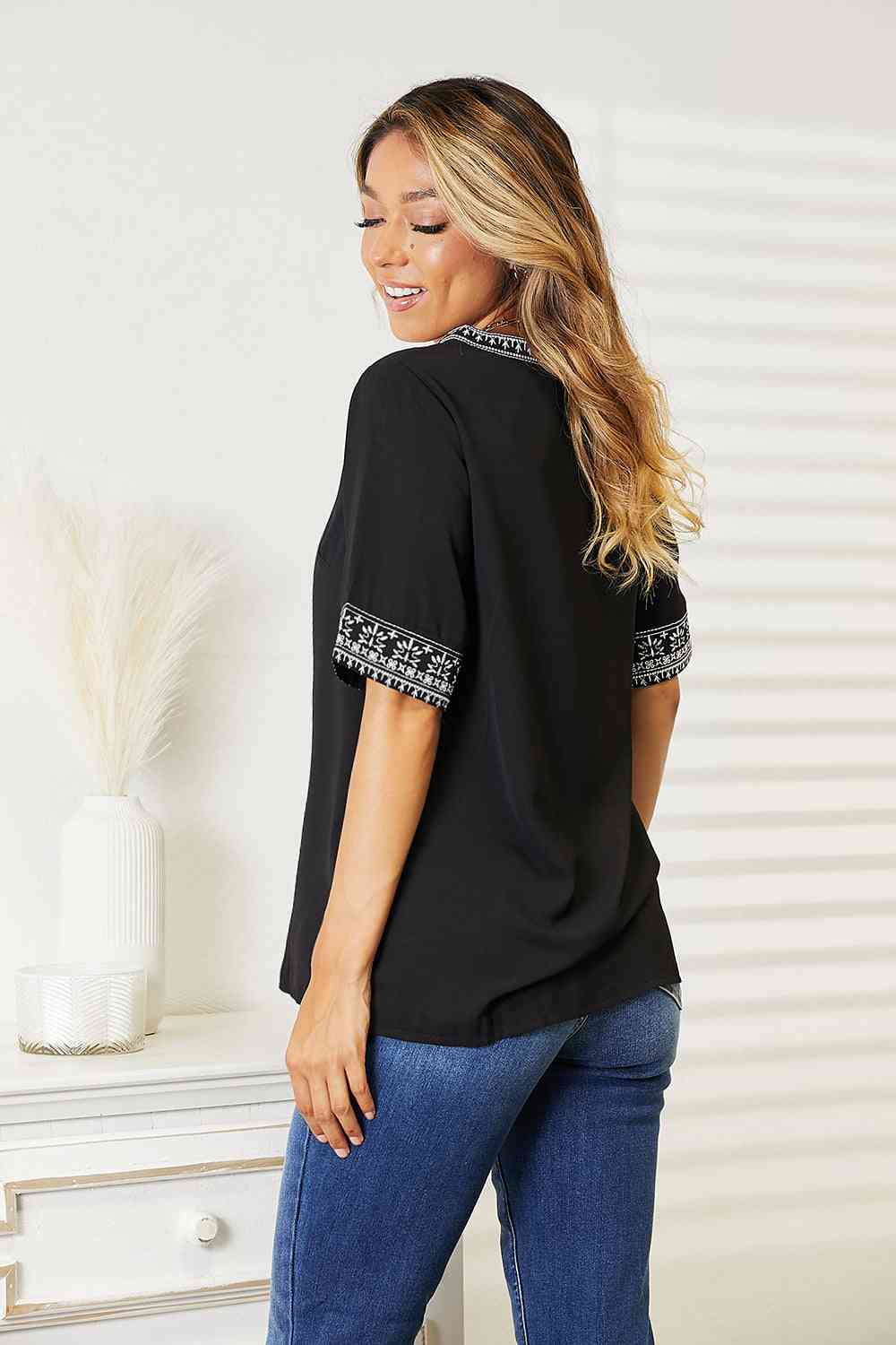 Double Take Embroidered Notched Neck Top - NeoKira Unlimited