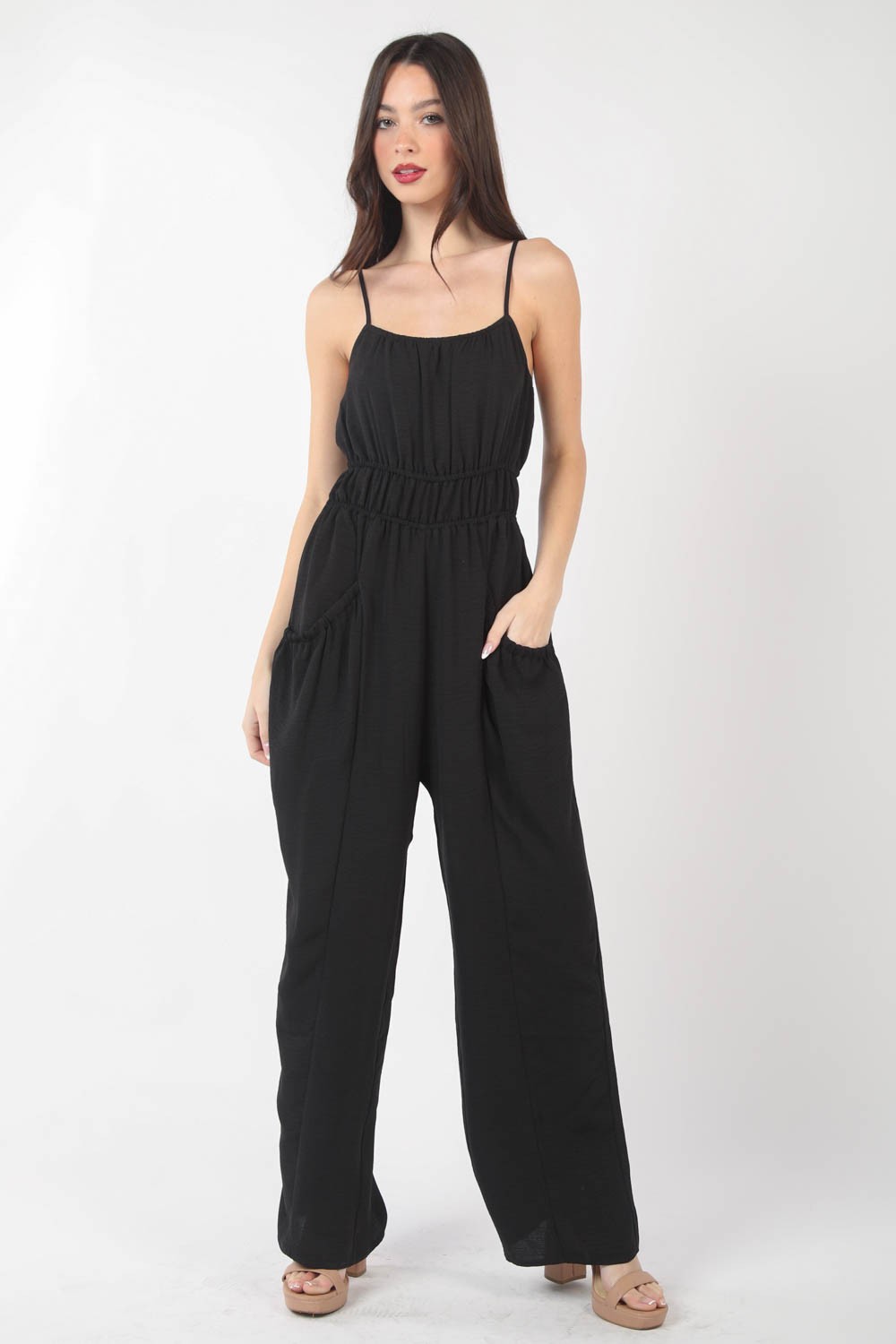 VERY J Pintuck Detail Woven Sleeveless Jumpsuit Jumpsuits Trendsi BLACK S 