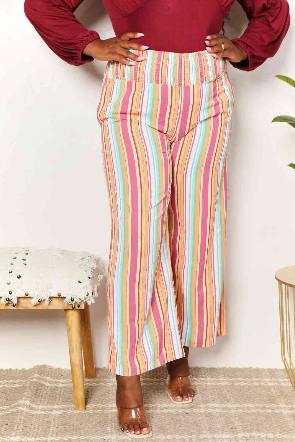 Double Take Striped Smocked Waist Pants with Pockets Pants Trendsi   