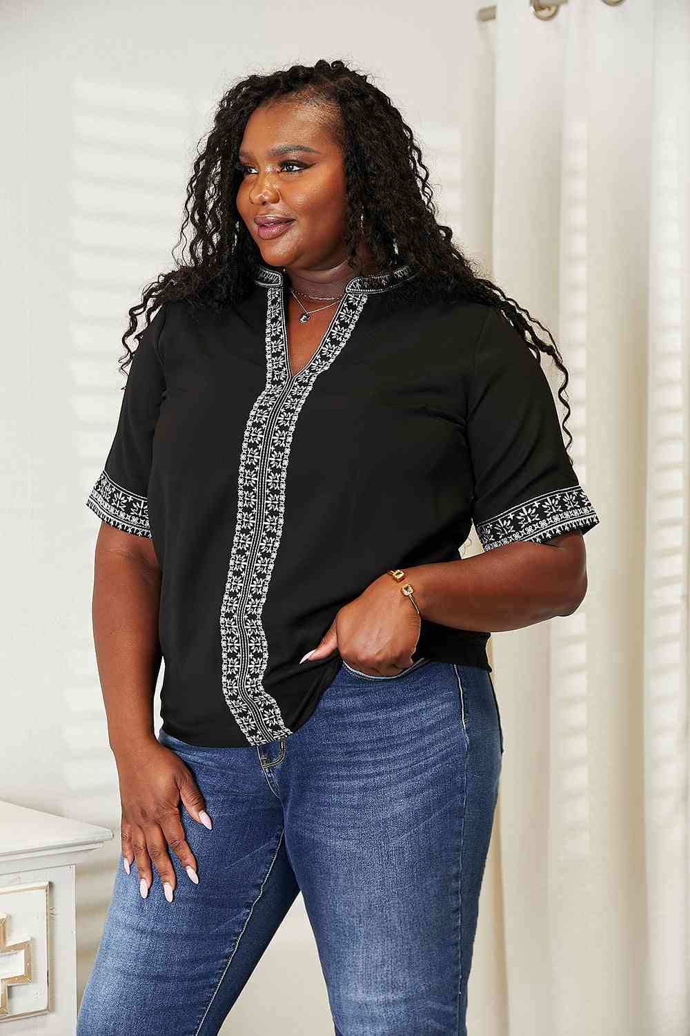 Double Take Embroidered Notched Neck Top - NeoKira Unlimited