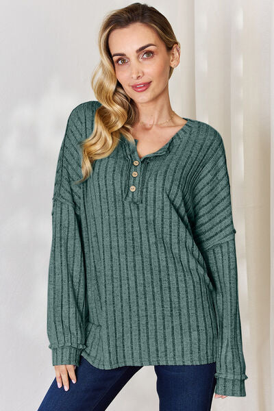 Basic Bae Full Size Ribbed Half Button Long Sleeve Top - NeoKira Unlimited