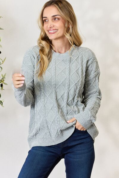 BiBi Cable Knit Round Neck Sweater Sweater Trendsi Dust Sage S 