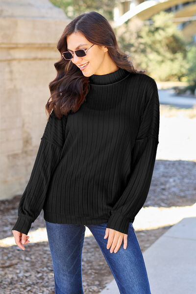 Basic Bae Full Size Ribbed Exposed Seam Mock Neck Knit Top Top Trendsi   