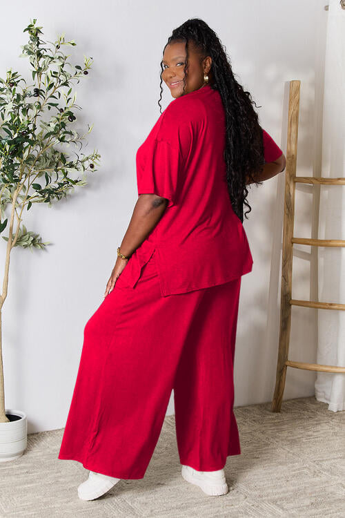 Double Take Full Size Round Neck Slit Top and Pants Set Pants Set Trendsi Red S 