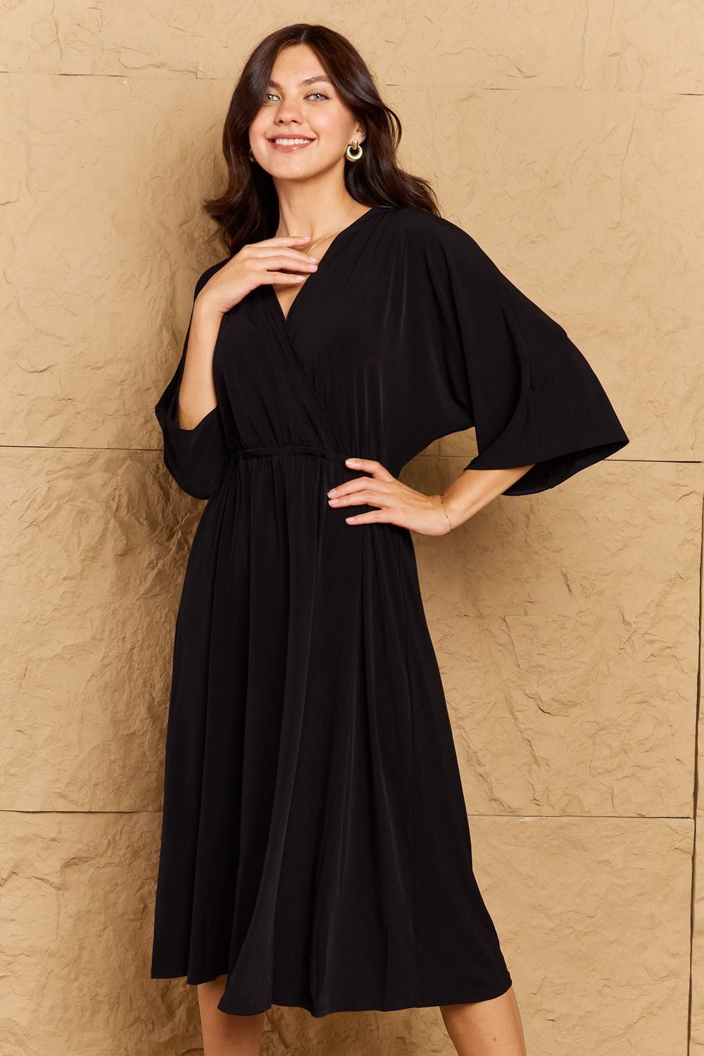 OneTheLand Make Your Move Solid Surplice Midi Dress Midi Dress Trendsi   