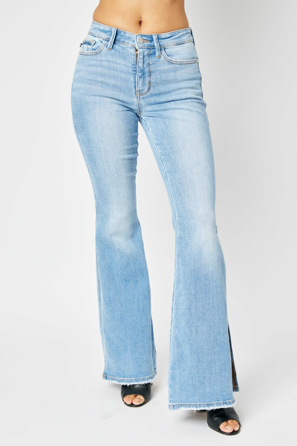 Judy Blue Full Size Mid Rise Raw Hem Slit Flare Jeans - NeoKira Unlimited