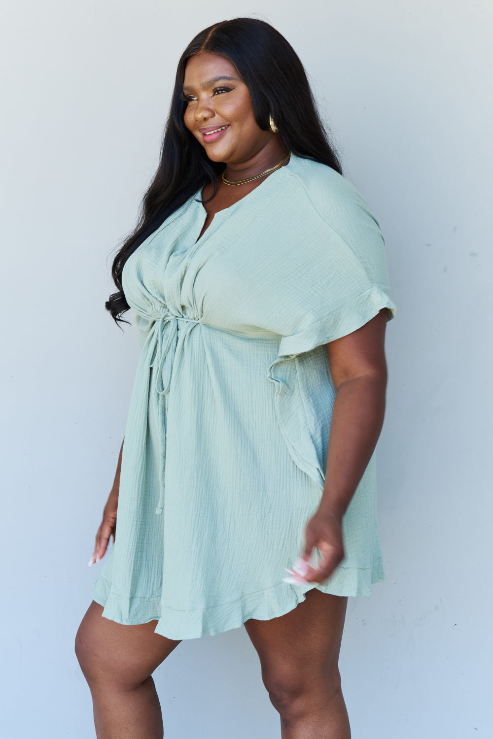 Ninexis Out Of Time Full Size Ruffle Hem Dress with Drawstring Waistband in Light Sage Mini Dress Trendsi   