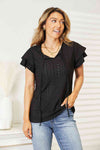 Double Take Eyelet Tie-Neck Flutter Sleeve Blouse Top Trendsi Black S 