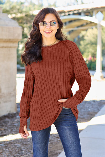 Basic Bae Full Size Ribbed Round Neck Long Sleeve Knit Top Top Trendsi   