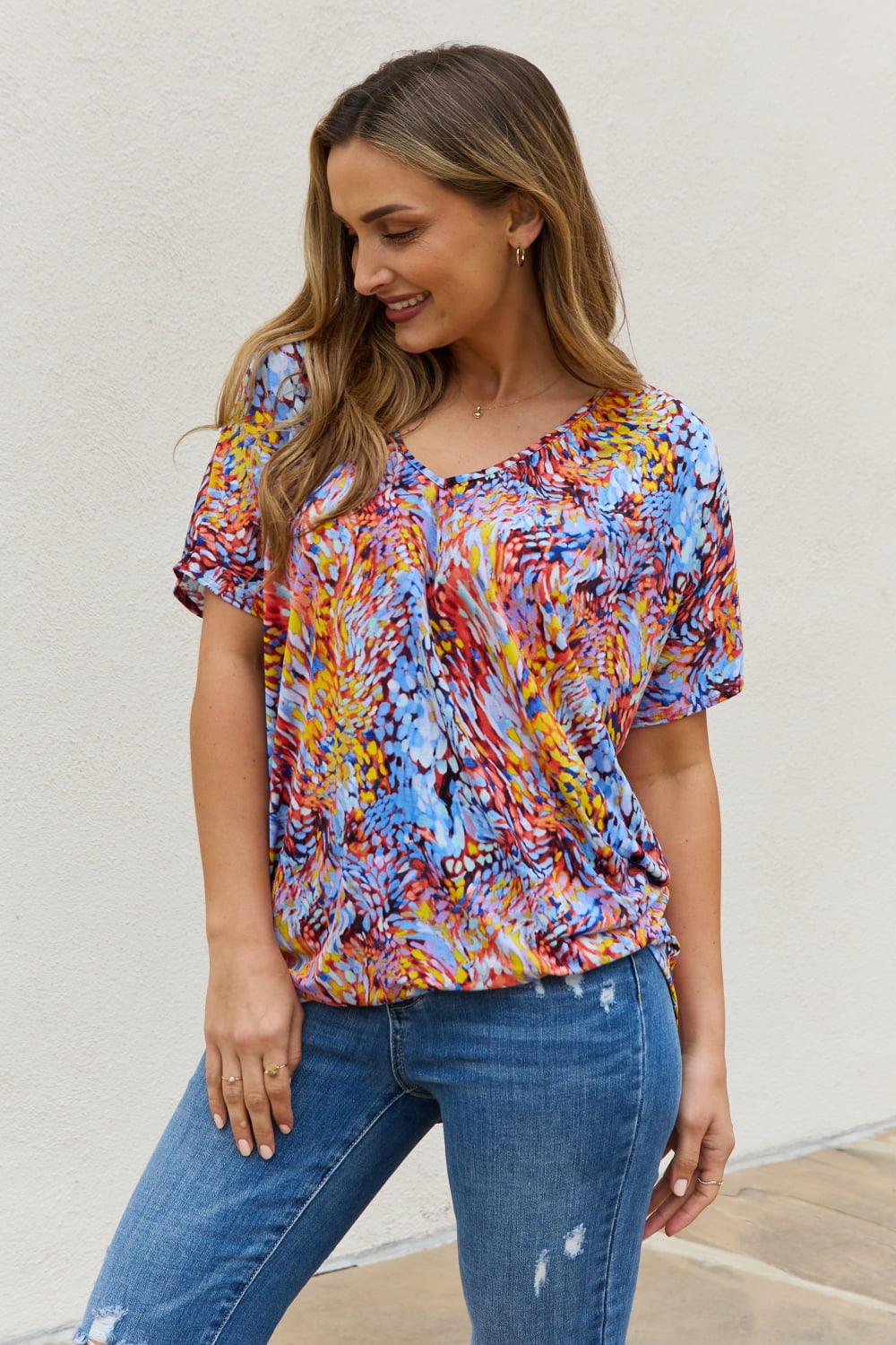 Be Stage Full Size Printed Dolman Flowy Top Top Trendsi   