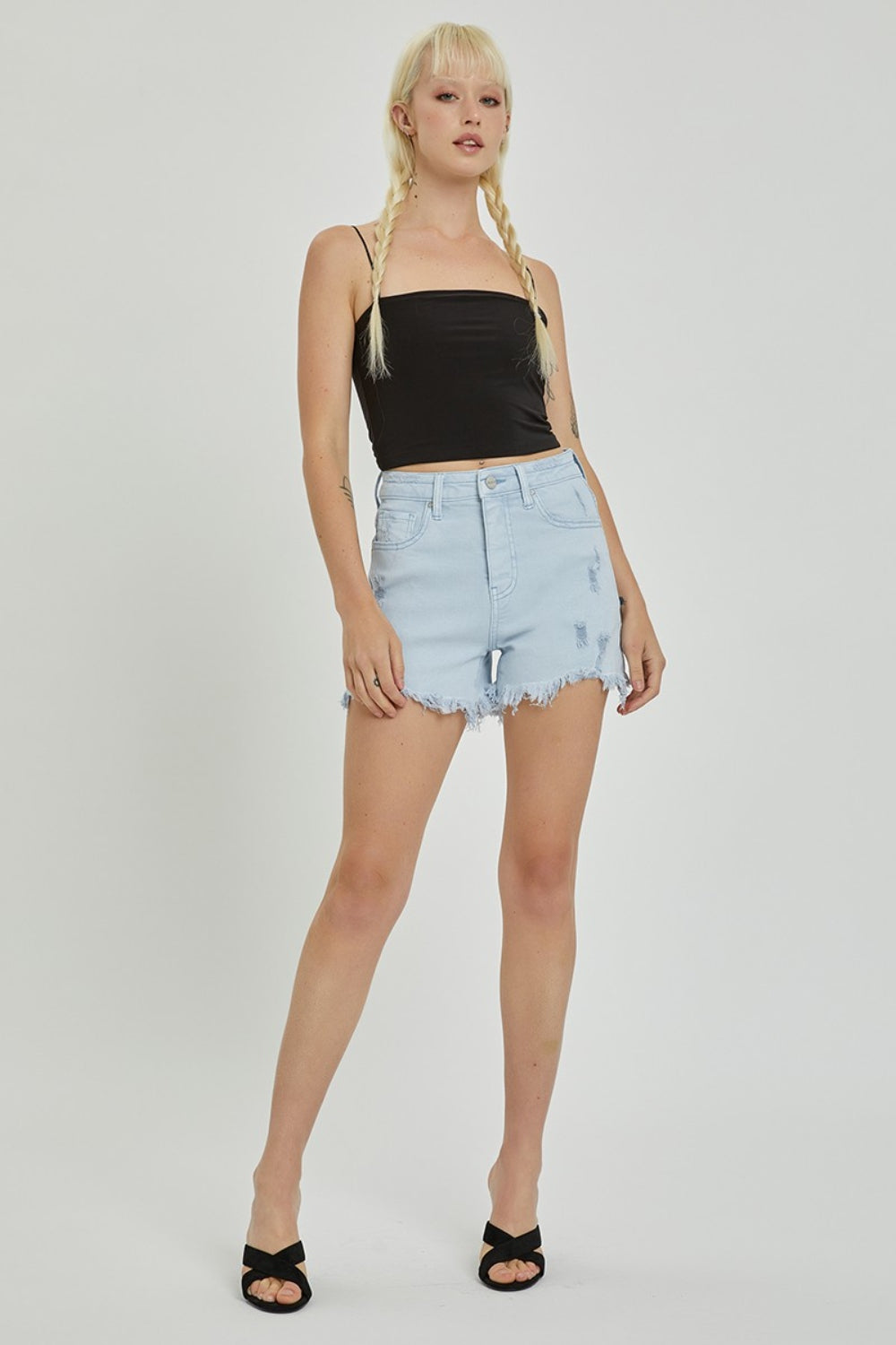 RISEN Full Size High Rise Distressed Detail Denim Shorts - NeoKira Unlimited