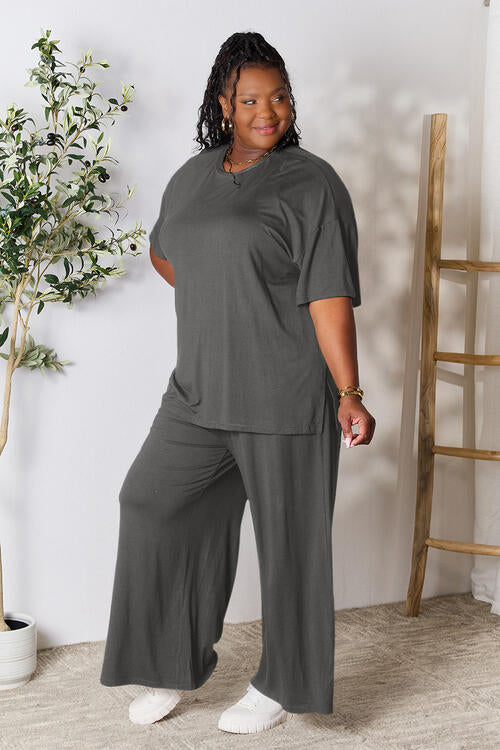 Double Take Full Size Round Neck Slit Top and Pants Set Pants Set Trendsi   