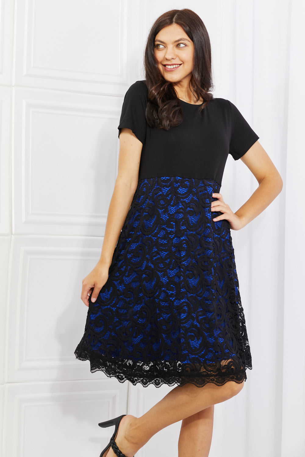 Yelete Full Size Contrasting Lace Midi Dress Mini Dress Trendsi   