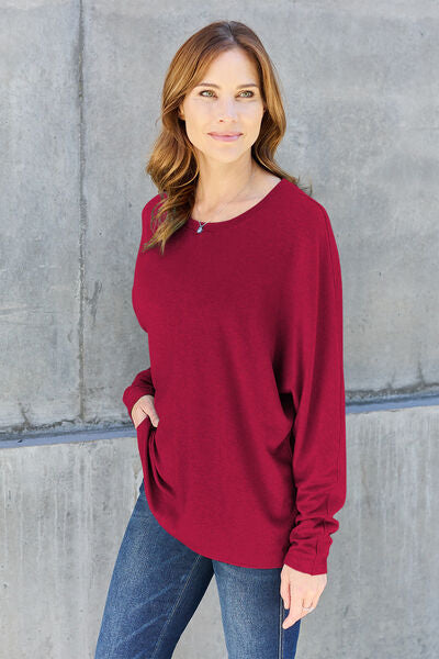 Double Take Full Size Round Neck Long Sleeve T-Shirt Top Trendsi Deep Red XL 