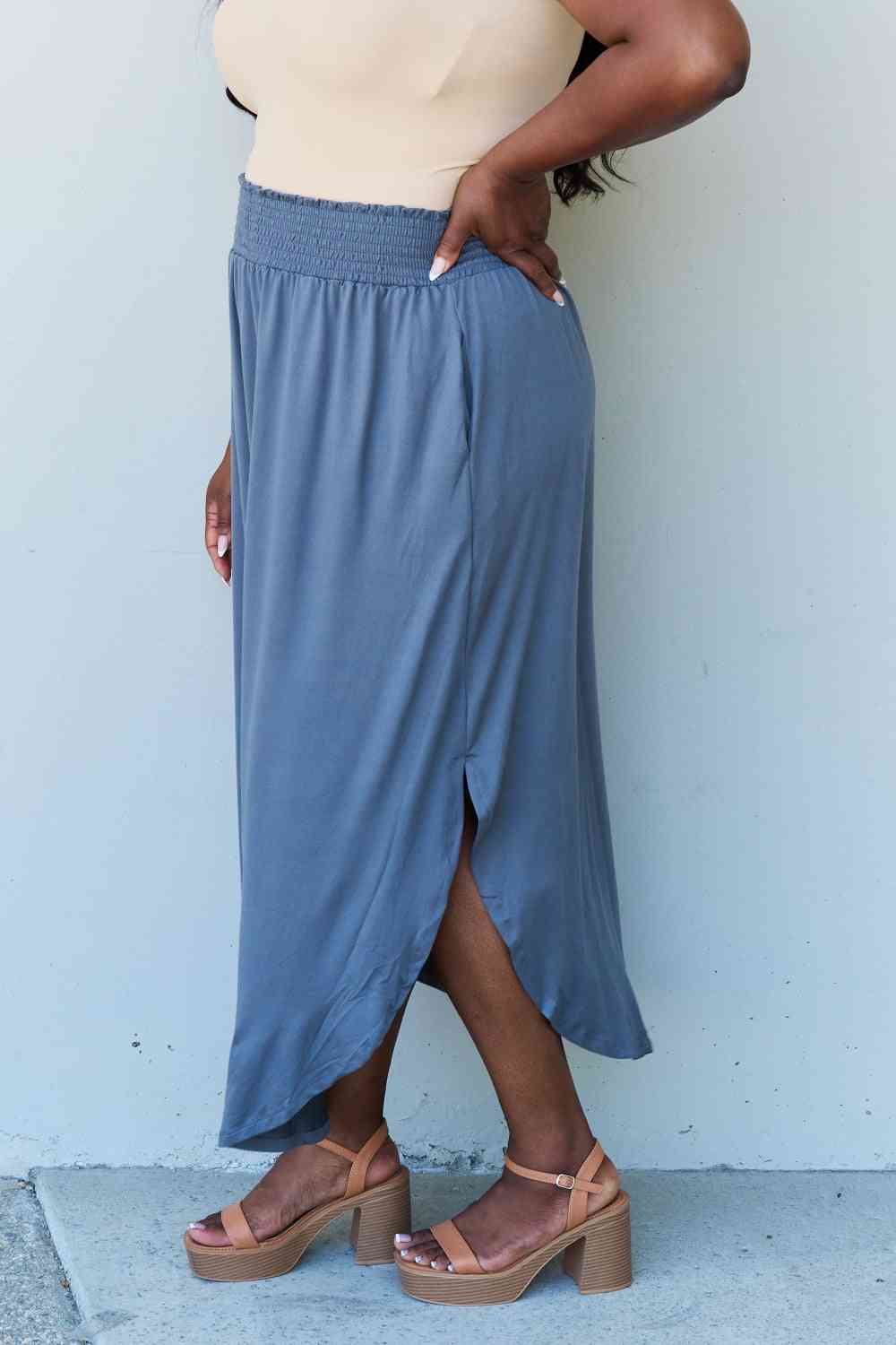 Doublju Comfort Princess Full Size High Waist Scoop Hem Maxi Skirt in Dusty Blue Skirt Trendsi   