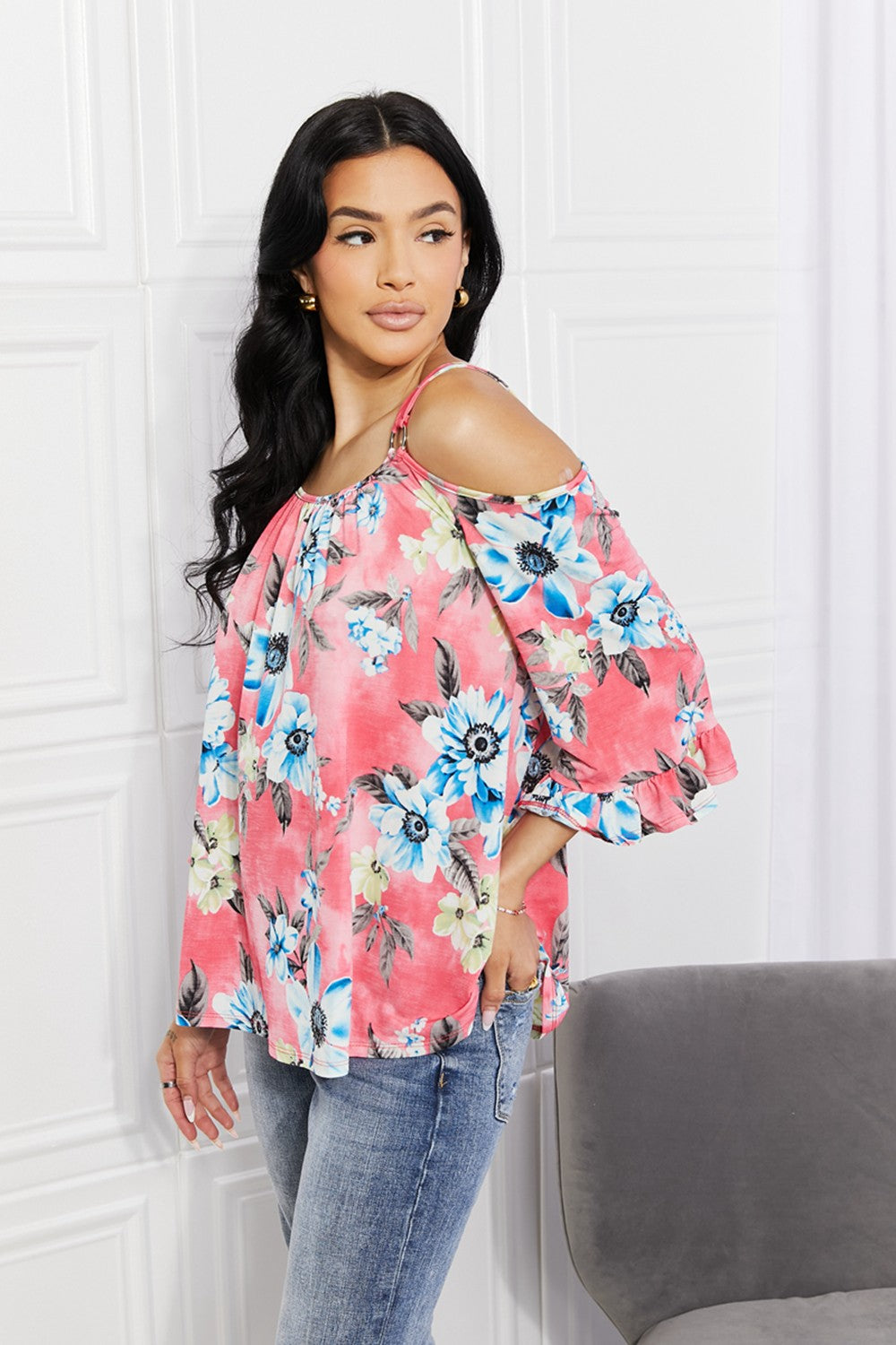 Sew In Love Full Size Fresh Take  Floral Cold-Shoulder Top Top Trendsi   