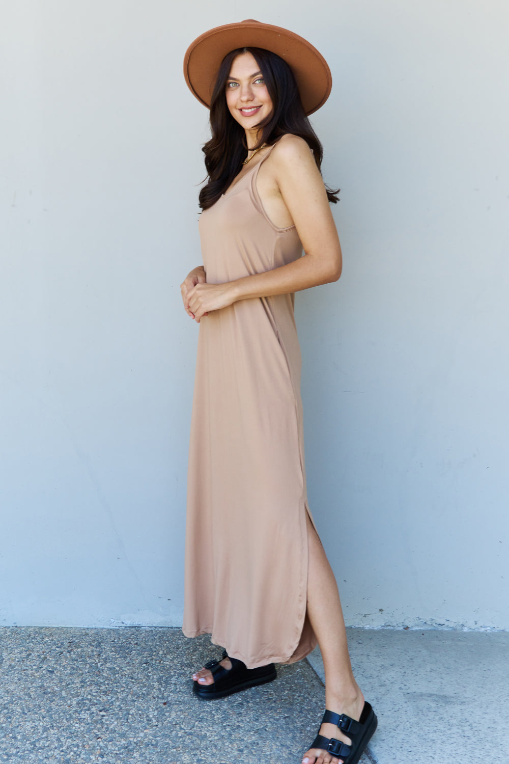 Ninexis Good Energy Full Size Cami Side Slit Maxi Dress in Camel Maxi Dress Trendsi   