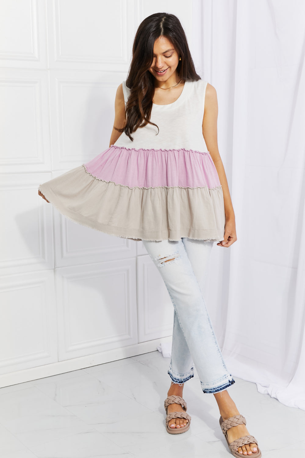 White Birch Full Size Watching the Sunset Color Block Babydoll Top - NeoKira Unlimited