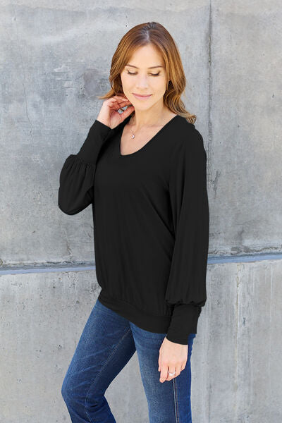 Basic Bae Full Size V-Neck Lantern Sleeve Blouse Top Trendsi   