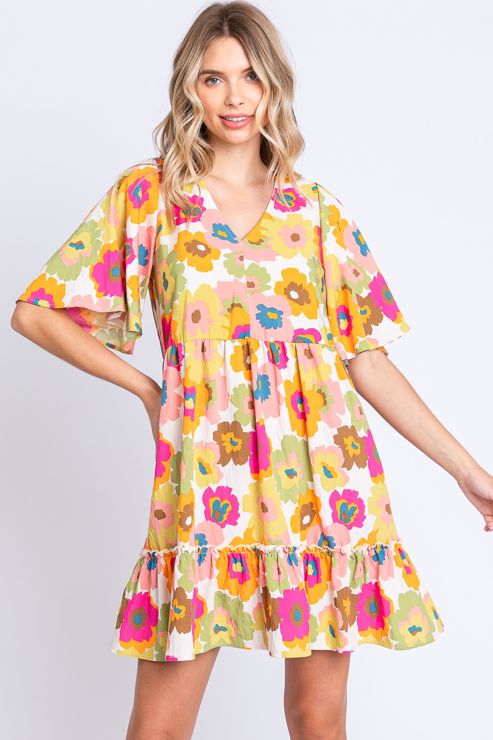GeeGee Full Size Floral V-Neck Ruffle Trim Mini Dress - NeoKira Unlimited