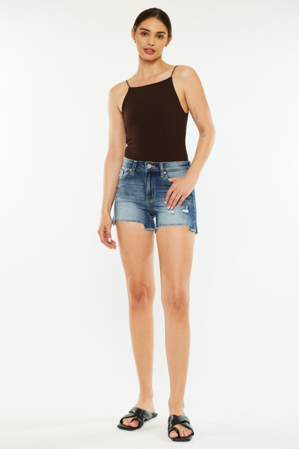 Kancan High Waist Raw Hem Denim Shorts Denim Shorts Trendsi   