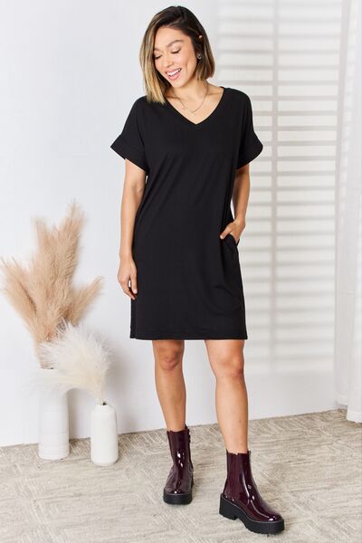 Zenana Full Size Rolled Short Sleeve V-Neck Dress Mini Dress Trendsi   