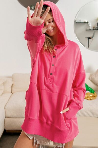 BiBi Half Snap Thumbhole Long Sleeve Hoodie Hoodie Trendsi FUCHSIA S 