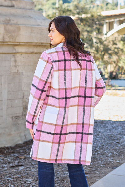 Double Take Full Size Plaid Button Up Lapel Collar Coat Coat Trendsi   