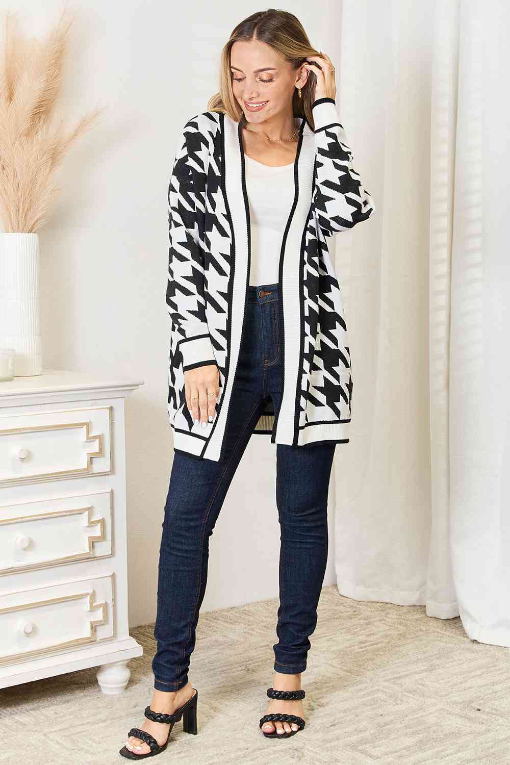 Woven Right Houndstooth Open Front Longline Cardigan Cardigan Trendsi   