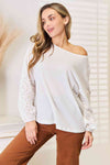 Double Take Eyelet Dropped Shoulder Round Neck Blouse Top Trendsi   