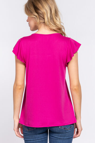 ACTIVE BASIC Ruffle Short Sleeve Lace Detail Knit Top Top Trendsi   