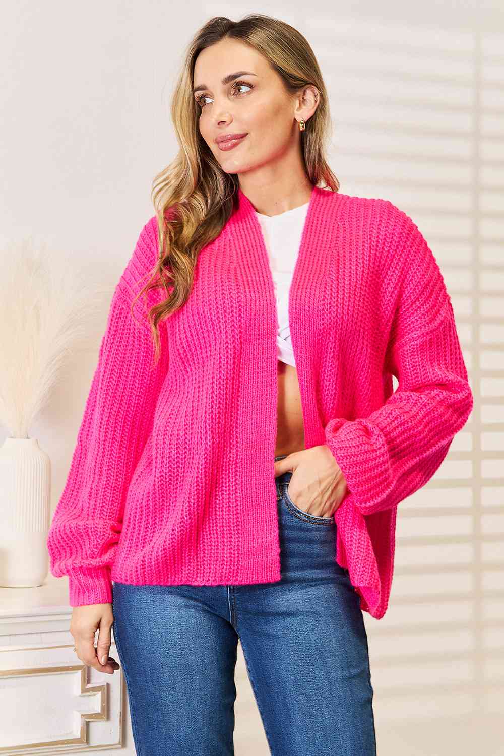 Woven Right Rib-Knit Open Front Drop Shoulder Cardigan - NeoKira Unlimited