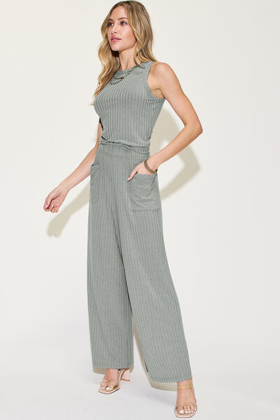 Basic Bae Full Size Ribbed Tank and Wide Leg Pants Set Pants Set Trendsi   