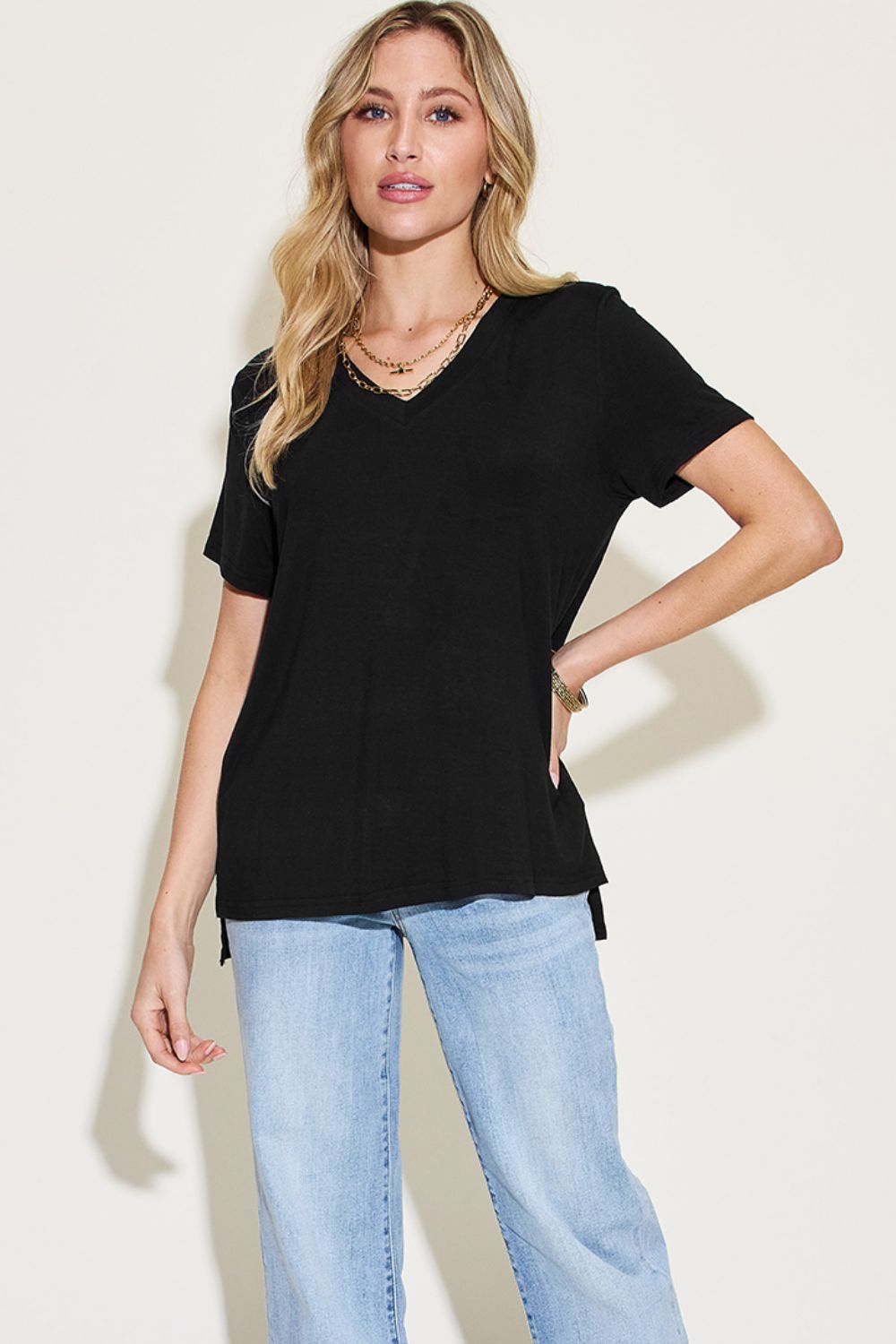 Basic Bae Full Size V-Neck High-Low T-Shirt Top Trendsi   