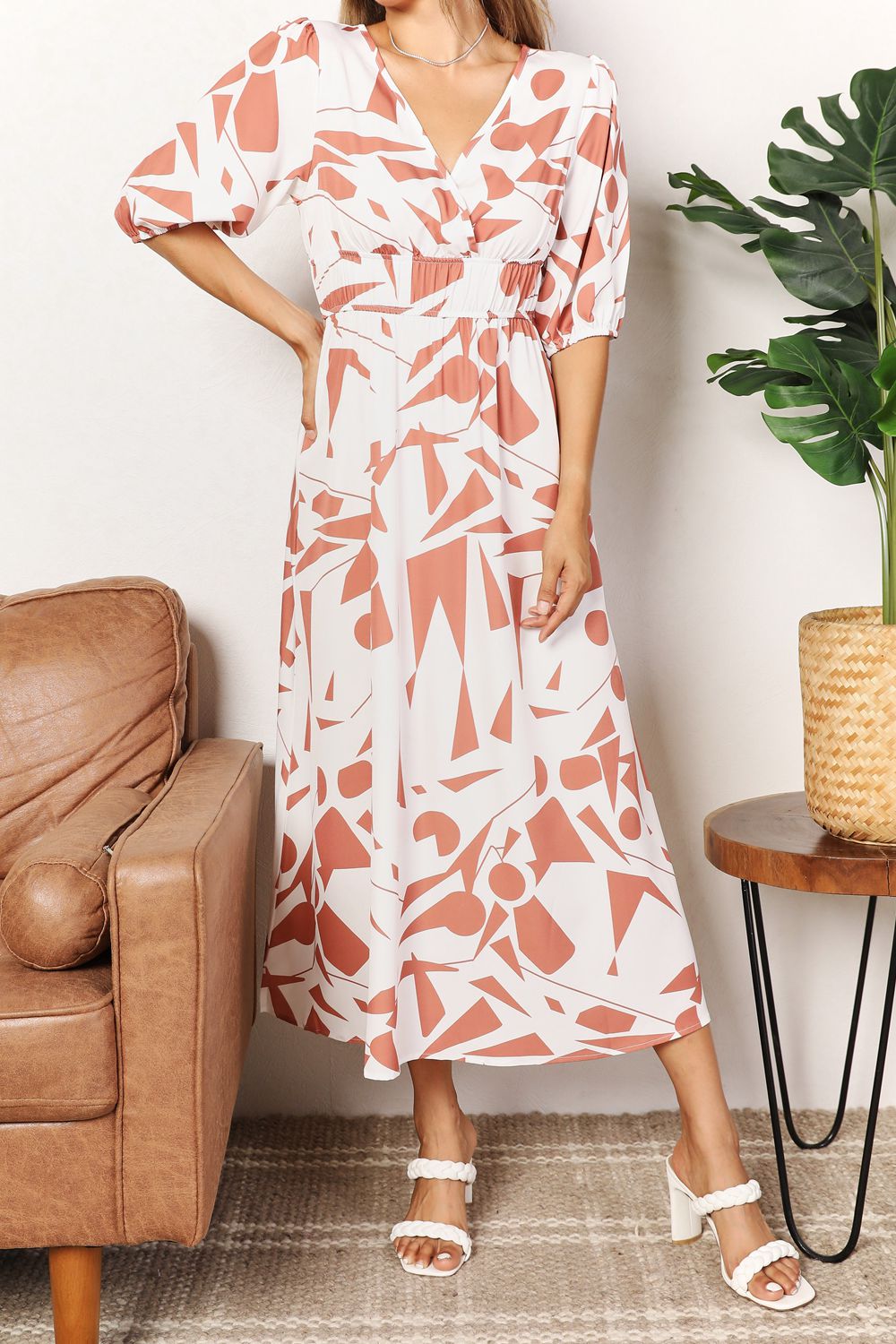 Printed Surplice Balloon Sleeve Dress - NeoKira Unlimited