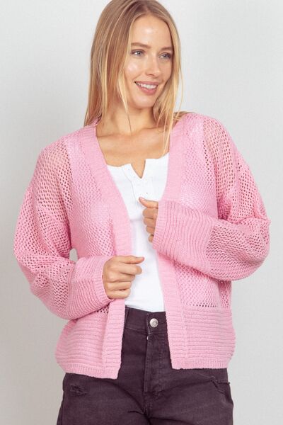 VERY J Eyelet Open Front Long Sleeve Cardigan Cardigan Trendsi PINK S 