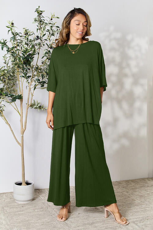 Double Take Full Size Round Neck Slit Top and Pants Set Pants Set Trendsi   