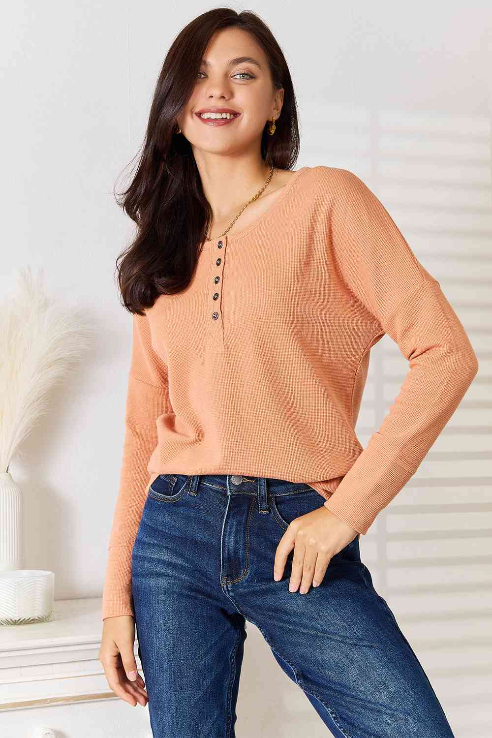 Basic Bae Half Button Long Sleeve Top - NeoKira Unlimited