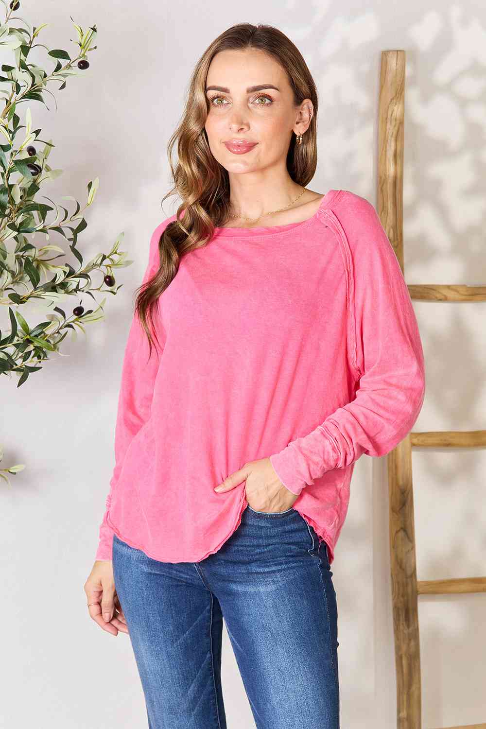 Zenana Round Neck Long Sleeve Top Top Trendsi Fuchsia S 