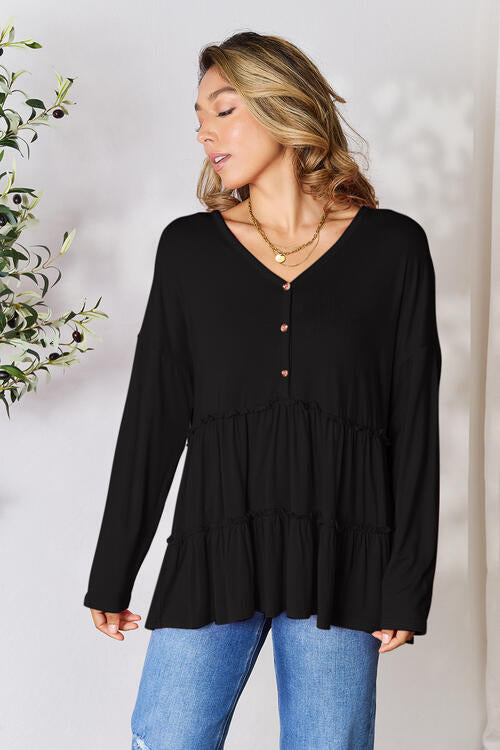 Double Take Half Button Long Sleeve Ruffle Hem Blouse - NeoKira Unlimited