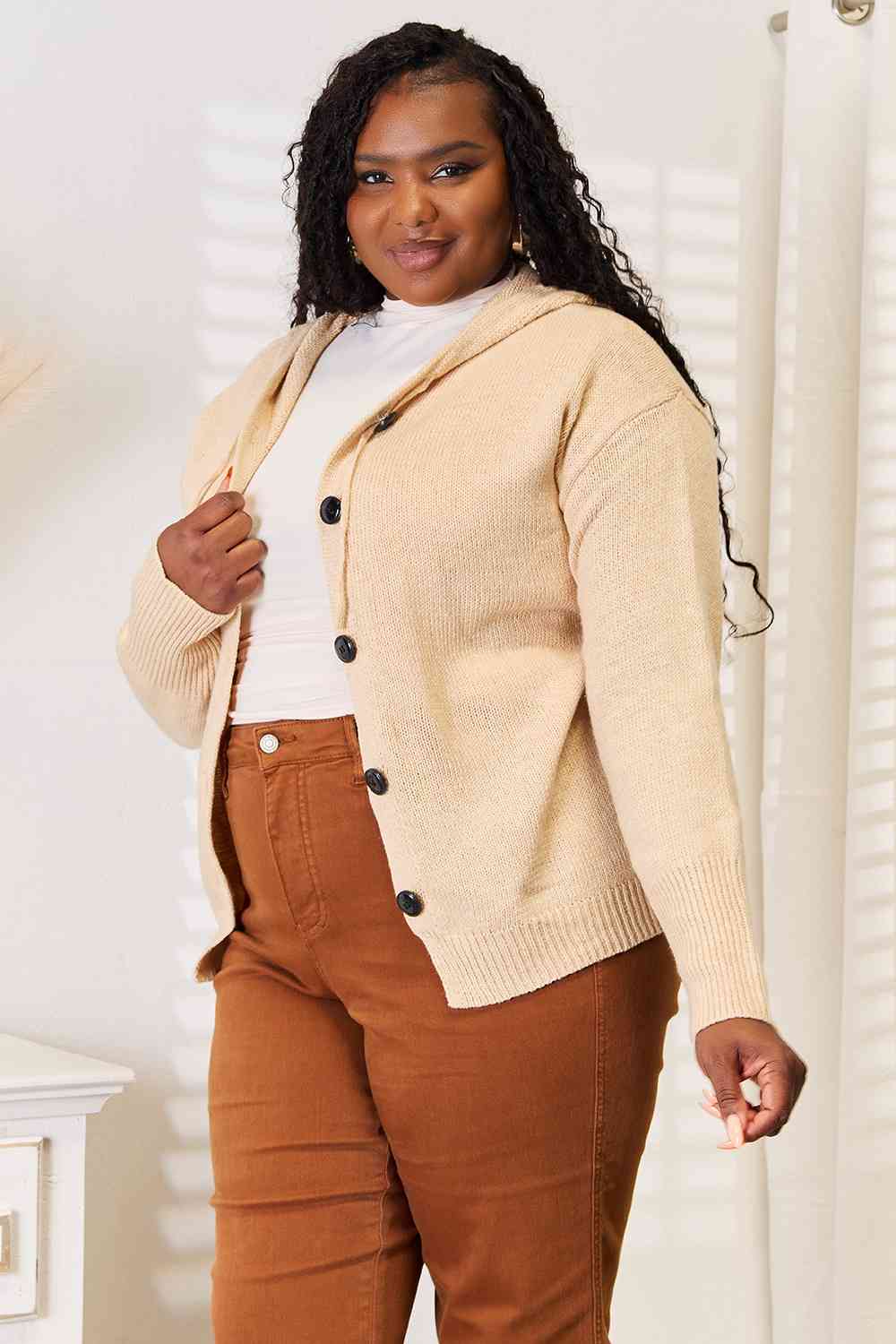 Woven Right Button-Down Long Sleeve Hooded Sweater - NeoKira Unlimited