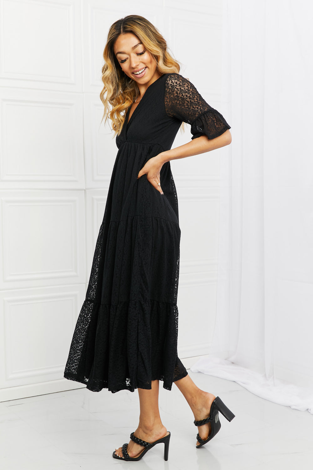 P & Rose Lovely Lace Full Size Tiered Dress Midi Dress Trendsi   